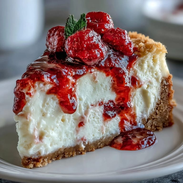Overhead view of Indulgent White Chocolate Raspberry Cheesecake Bliss, plated with raspberry sauce and chocolate shavings.
