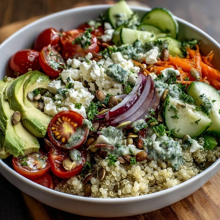 A vibrant Simple Grain Bowl featuring pan-seared tofu, farro, red onion, herbs, and avocado slices.