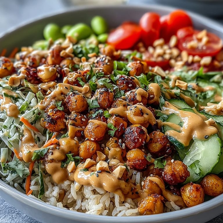 A hearty Peanut Chickpea Protein Bowl with fluffy quinoa, crunchy cabbage, carrots, and a rich peanut drizzle.