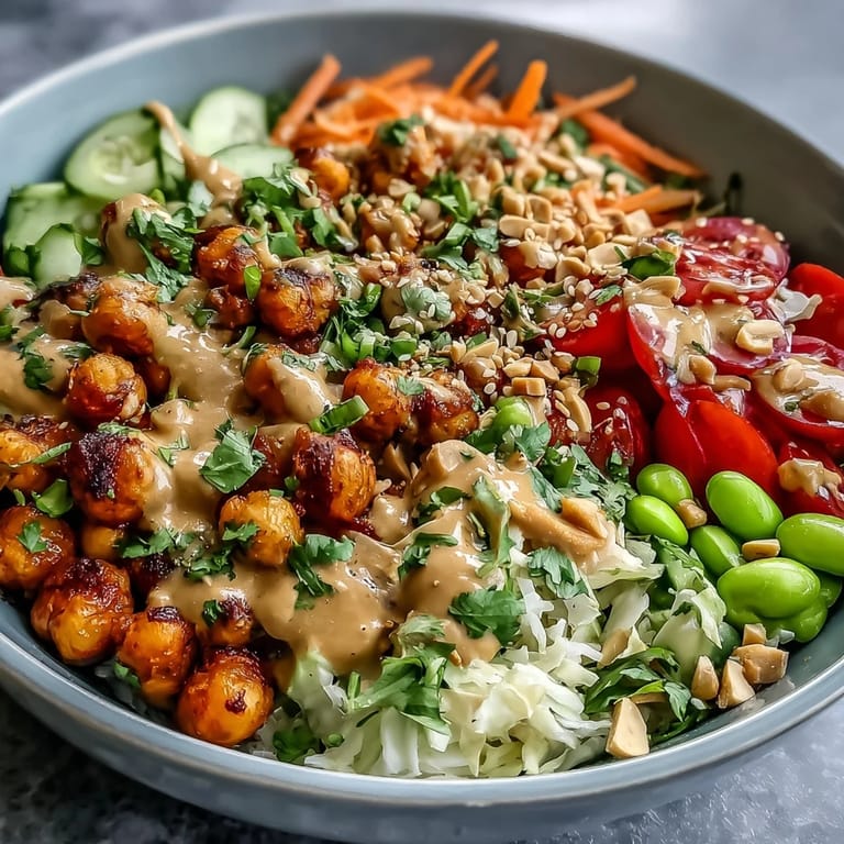 Colorful Peanut Chickpea Protein Bowl topped with edamame, tomatoes, and chopped peanuts, served with lime for squeezing.