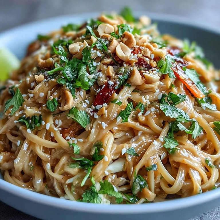 Colorful vegetarian Asian Peanut Noodle Bowl served with bean sprouts and cilantro, perfect for a quick lunch or easy dinner.