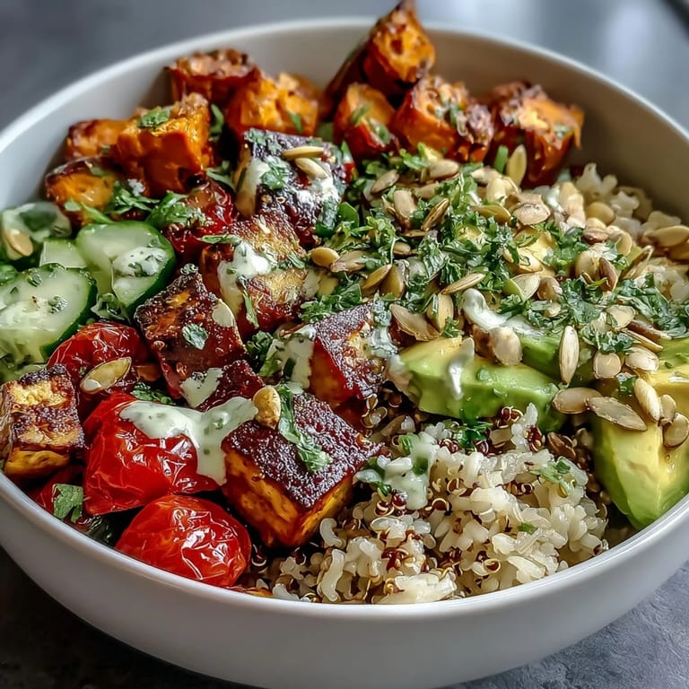 This nourishing Customizable Grain Bowl showcases tofu, quinoa, avocado, and crunchy pumpkin seeds for a colorful meal prep lunch.