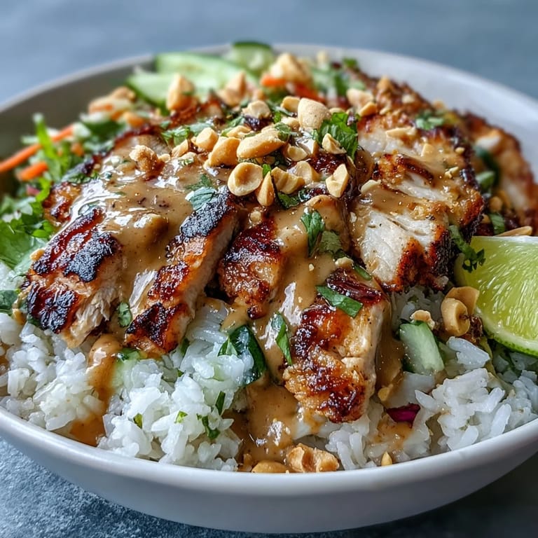 Tender grilled chicken slices rest on coconut rice with crisp cabbage, carrots, and cucumber, finished with a luscious peanut drizzle and lime wedges.
