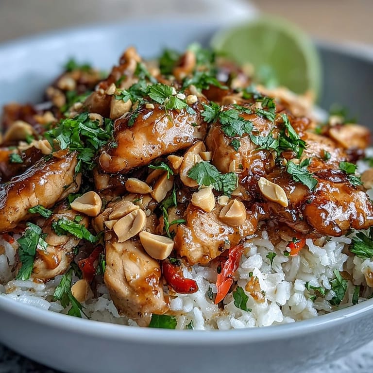 A colorful Thai Peanut Chicken Bowl garnished with cilantro, peanuts, and lime, ready for dinner.