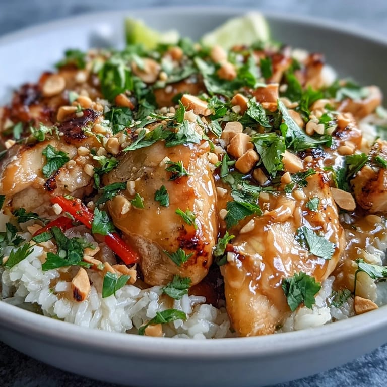 Close-up of Thai Peanut Chicken Bowl showing juicy chicken, crunchy bell peppers, and creamy peanut drizzle.