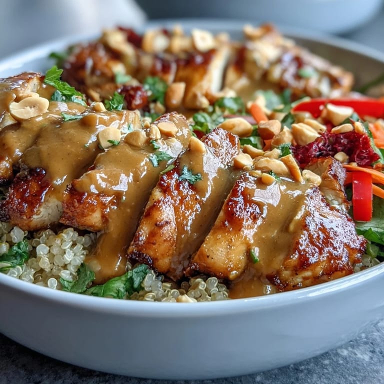Spoon creamy peanut sauce over baked chicken and grains in a colorful Peanut Chicken Power Bowl for a satisfying meal.