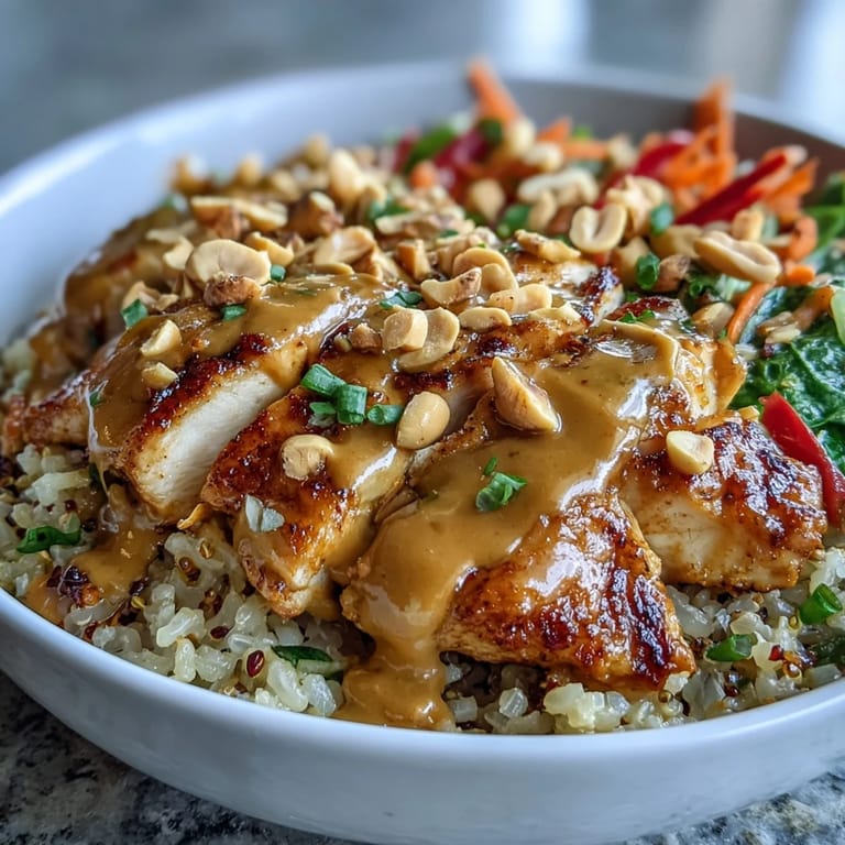 Sliced baked chicken, colorful vegetables, and chopped peanuts garnish a wholesome Peanut Chicken Power Bowl ready for dinner.