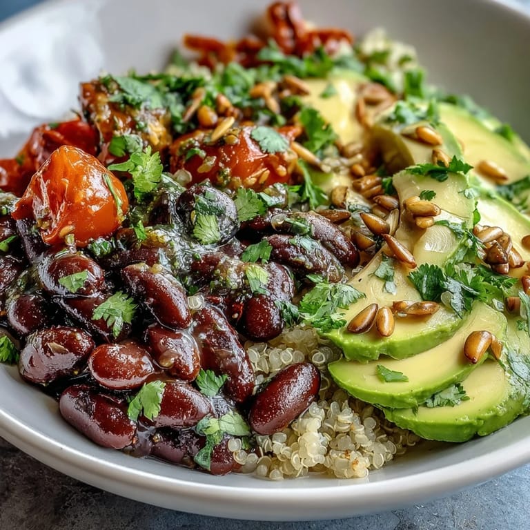 A colorful medley of beans and quinoa tossed with zesty lemon dressing and diced red bell peppers on a light marble countertop.