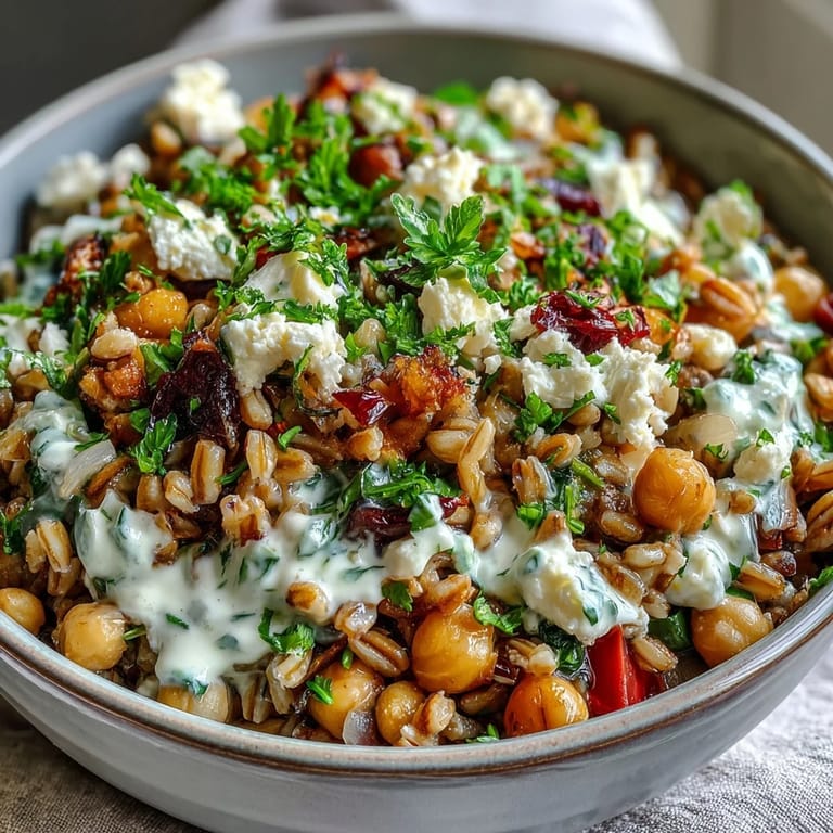 Colorful Mediterranean Farro Bowl topped with feta, olives, and parsley, ready to eat.