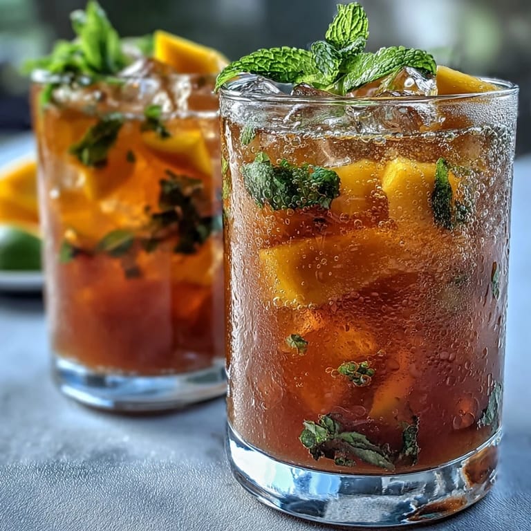 Sweet and tangy Mango Peach Iced Tea with Mint, garnished with peach slices and mint, ideal for warm-weather gatherings.
