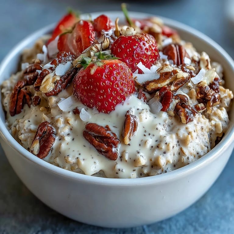 Overnight oats with strawberry and chia seeds, topped with sliced almonds and coconut for a nutritious breakfast.