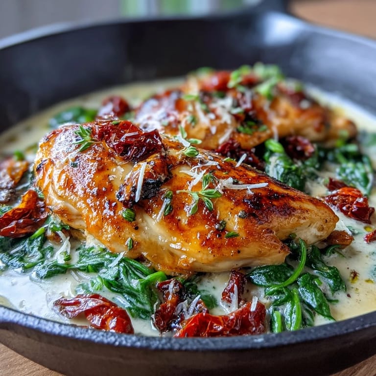 Luscious one-pan Creamy Tuscan Chicken with spinach and Parmesan, perfect for easy weeknight dinners.