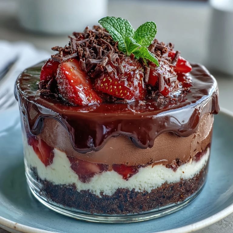 Elegant individual cheesecake cups with layers of chocolate crust, smooth cheesecake, macerated strawberries, and glossy dark chocolate ganache.