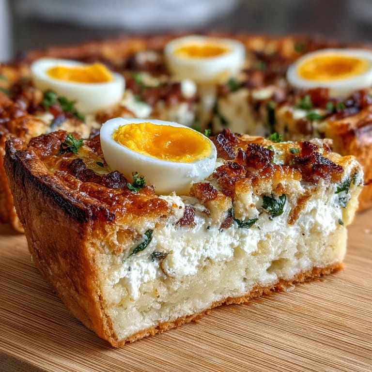 Flaky Easter Savory Pie with Hard-Boiled Eggs and Ham, a rich blend of ricotta, spinach, and savory ham, with whole eggs nestled inside for a festive, eye-catching slice.