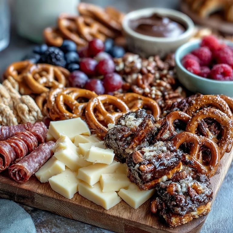 Grad Party Snack Board with Sweet and Savory Bites: Festive spread with chocolate pretzels, berries, veggies, and dips ideal for party snacking.