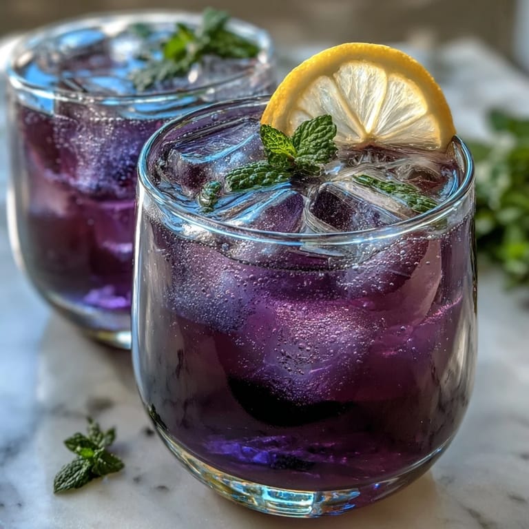 Refreshing iced lavender lemonade with muddled fresh mint leaves, served in tall glasses with lemon wheels and ice, ideal for summer gatherings.
