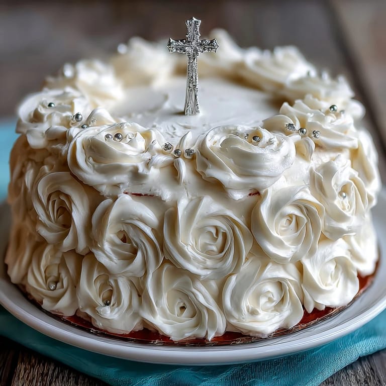 Delicate vanilla sponge cake adorned with silky buttercream, handcrafted white roses, and a symbolic cross for First Communion.