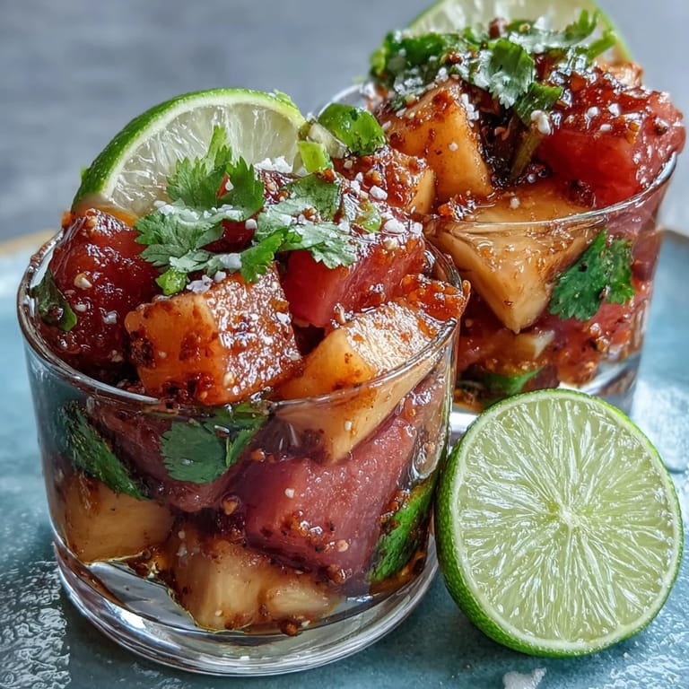 Tropical mango, pineapple, and watermelon tossed in lime juice and Tajín, served in colorful cups for a festive, healthy treat.