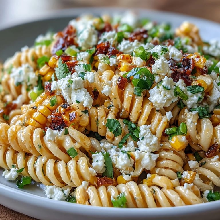 Mexican-inspired pasta salad featuring al dente rotini tossed with smoky corn, fresh cilantro, and zesty lime, topped with crumbled Cotija cheese.