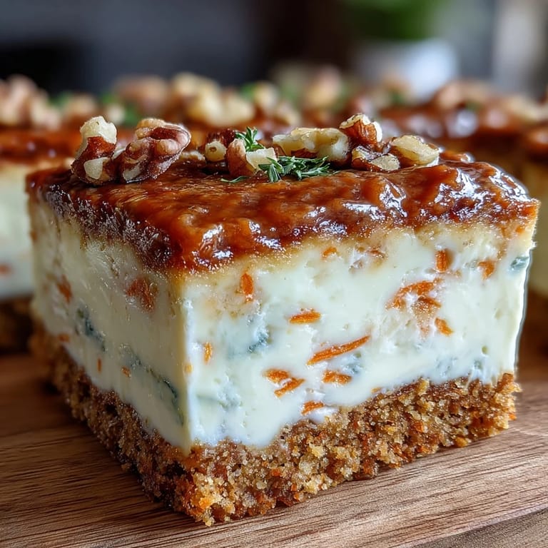 Carrot Cake Cheesecake Bars, in Stücke geschnitten und auf einem weißen Teller angerichtet.