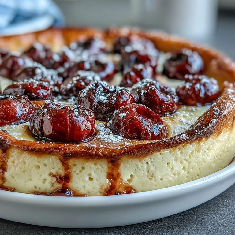 Warm cherry clafoutis topped with a light dusting of sugar, showcasing the rich custard and vibrant fruit.