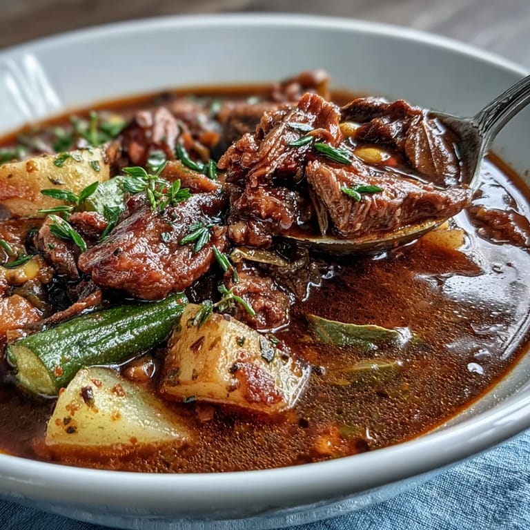 A rustic cast iron pot filled with hearty Kentucky Derby Burgoo Stew, packed with slow-simmered meats and colorful vegetables.  