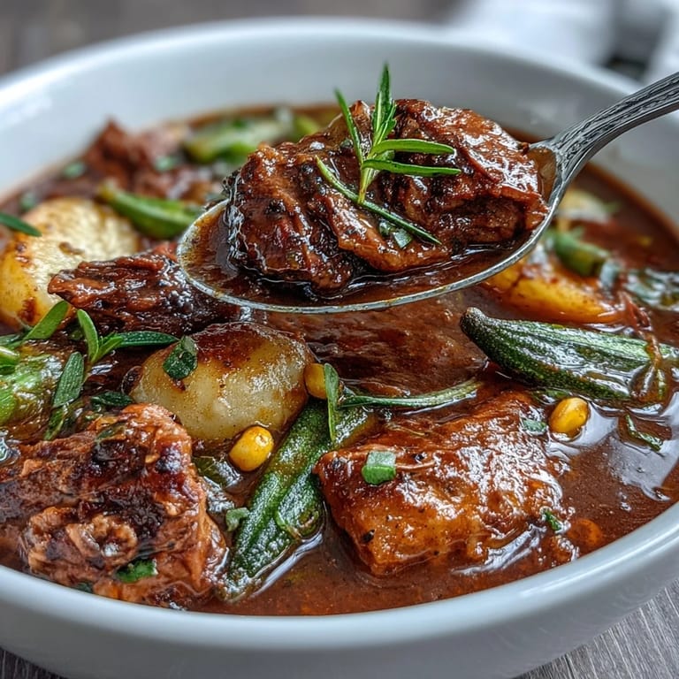 A close-up view of Kentucky Derby Burgoo Stew, showcasing chunks of meat and vibrant veggies in a thick, comforting sauce.