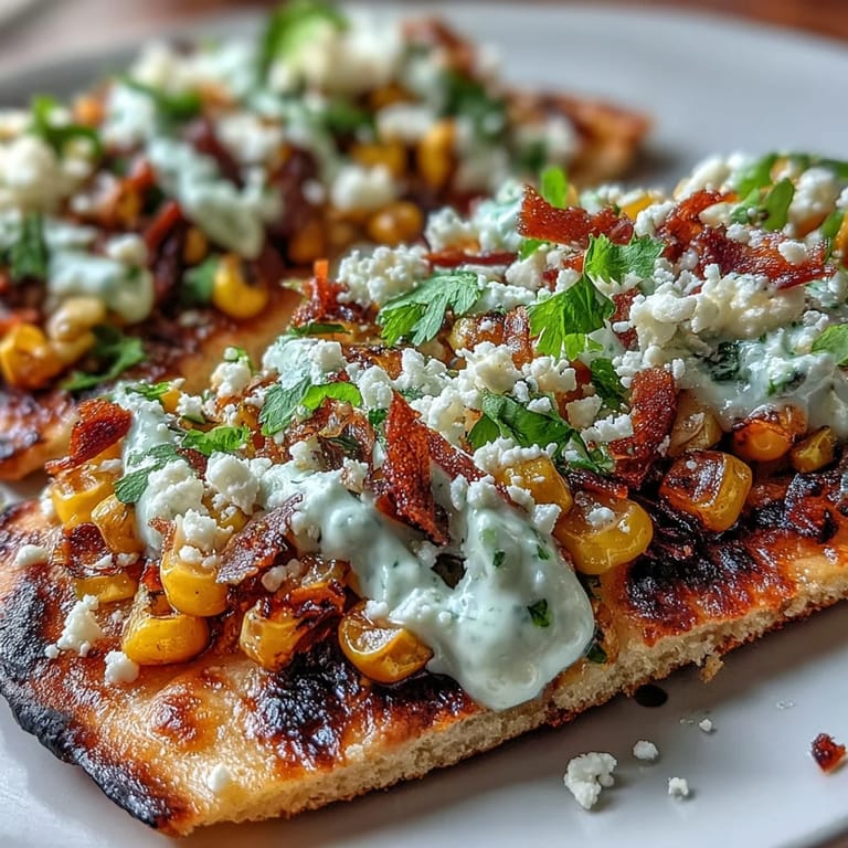Crispy flatbread crust topped with sautéed corn, crumbled cotija, red onion, and a tangy jalapeño crema drizzle.