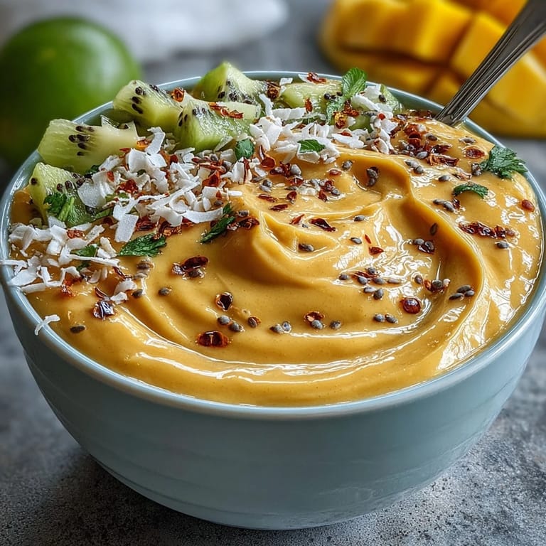 Creamy mango smoothie base blended with lime and chili, garnished with diced mango, shredded coconut, and a sprinkle of chili flakes.