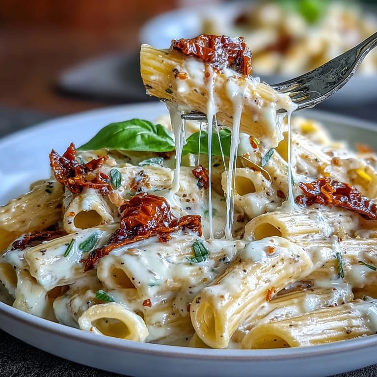 Rich and indulgent Marry Me Pasta featuring al dente penne in a creamy sun-dried tomato sauce, topped with parmesan and basil.