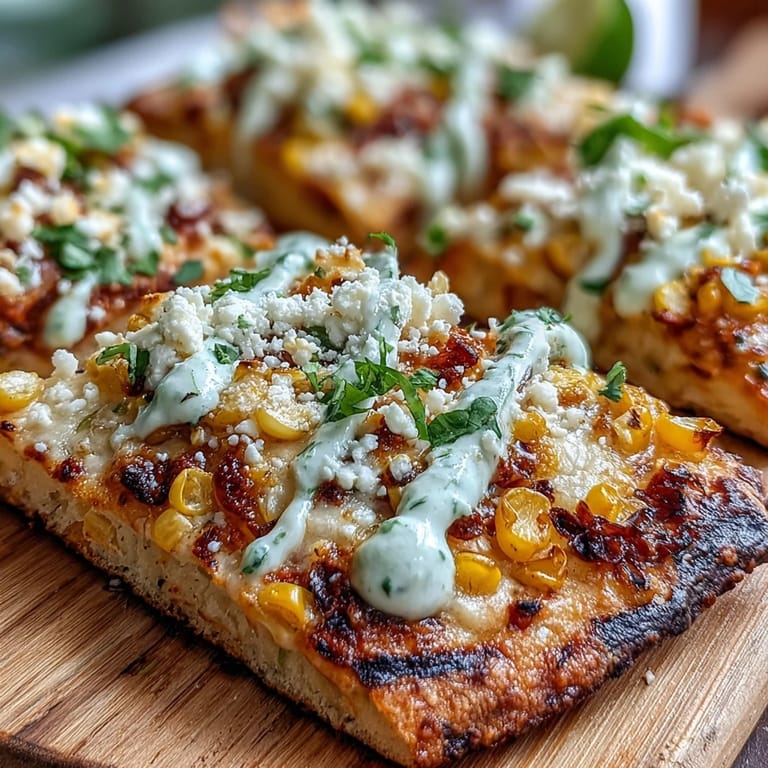 Golden-brown flatbread loaded with smoky Mexican street corn, fresh cilantro, and a drizzle of spicy jalapeño crema.  