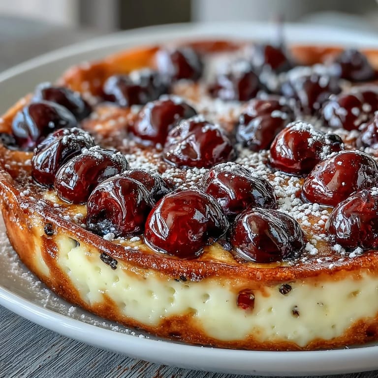 A rustic French dessert of juicy cherries baked in creamy vanilla custard, perfect for summer gatherings.  