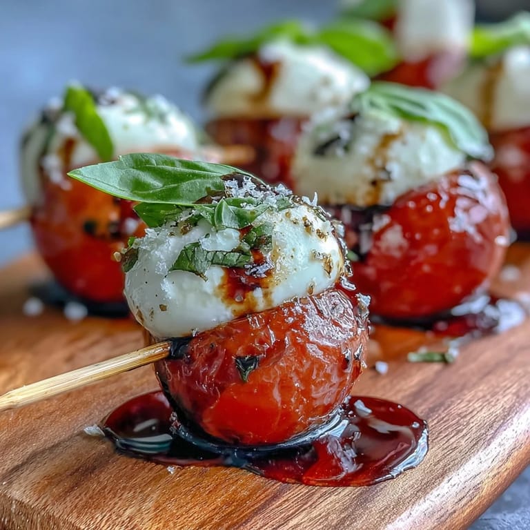 Easy Caprese skewers appetizer, featuring mozzarella, tomato, and basil.