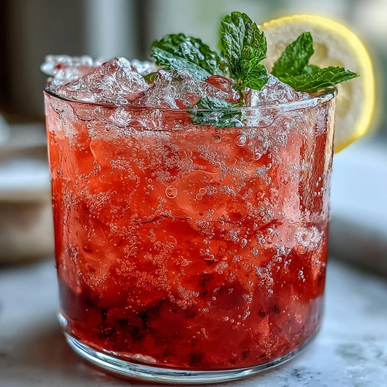 Refreshing beet juice pink lemonade, garnished with fresh lemon and mint.