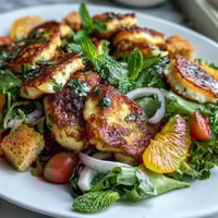 Slices of golden-fried halloumi and juicy blood orange mingle with crisp sourdough croutons atop a bed of greens in this vibrant Halloumi Blood Orange Fattoush salad.