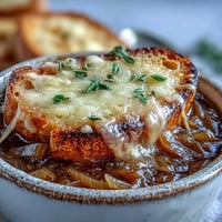 Steaming French Onion Soup in an oven-safe bowl with melted Gruyère and crusty bread.