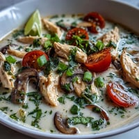 A steaming bowl of Best Ever Tom Kha Gai Soup garnished with fresh cilantro, lime wedges, and red chili slices.