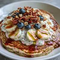 Golden brown Protein Pancake Bowl with Greek yogurt, fresh berries, and crunchy nuts.