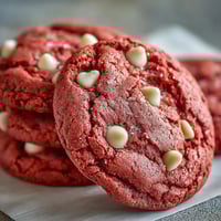 Freshly baked Pink Velvet Cookies with creamy white chocolate chips on a cooling rack.