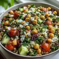 High Protein Quinoa & Chickpea Salad in a white bowl with chickpeas, tomatoes, cucumber, and feta, tossed in vinaigrette.
