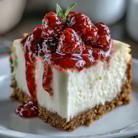 Luscious slices of Indulgent White Chocolate Raspberry Cheesecake Bliss on a white plate, garnished with fresh berries. 