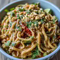 Freshly cooked rice noodles tossed with crisp julienned carrots, red cabbage, and bell peppers in a creamy Asian Peanut Noodle Bowl.