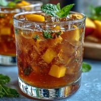 Mango Peach Iced Tea with Mint: Vibrant, refreshing iced tea bursting with sweet mango and peach flavors, served over ice with fresh mint sprigs.  