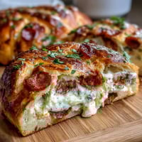 A golden Italian Easter pie filled with creamy ricotta and savory salami, baked to perfection in a flaky pastry crust.
