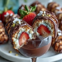 Dubai Chocolate Strawberry Cups with Kataifi and Pistachio Cream: golden kataifi nests filled with dark chocolate, topped with strawberry slices and luscious pistachio cream.