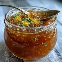 Vibrant dandelion jelly with fresh lemon and honey, glowing golden in a glass jar, perfect for spreading on warm bread.