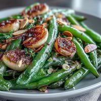 Roasted garlic green beans with caramelized garlic and a hint of lemon zest.