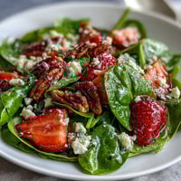 Fresh spring strawberry spinach salad with creamy goat cheese, candied pecans, and tangy balsamic vinaigrette.