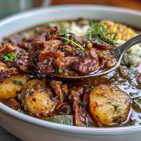 A steaming bowl of Kentucky Derby Burgoo Stew, rich with tender beef, pork, and chicken in a savory vegetable broth.  