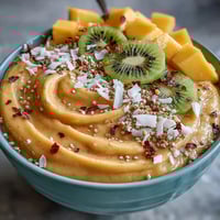 Vibrant mango chili lime smoothie bowl topped with fresh kiwi, granola, and chia seeds for a refreshing and spicy breakfast treat.